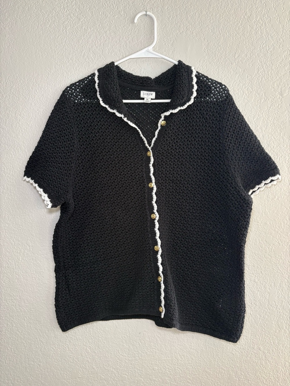 J.Crew Factory Short Sleeve Crochet Gold Button Cardigan Sweater Black XL - Picture 2 of 10